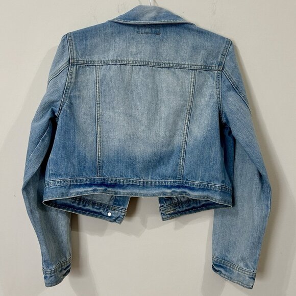 DECREE Juniors L Cropped Denim Jacket Y2K Style Light Wash Factory Distressed - Picture 2 of 11
